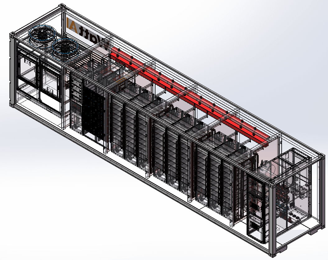 WattAI 6 MW containerized SST internal layout showing power racks, busbar, and cooling